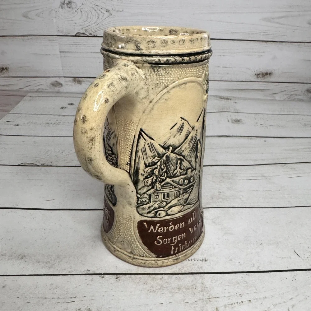 Vintage Zeitvertreib German Beer Stein Hand Painted Alpine Couple Mountain Cabin